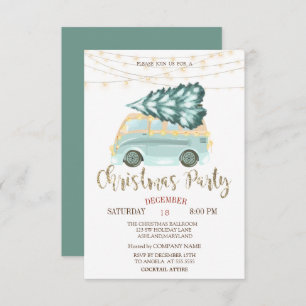 Green Truck Pine Tree,Lights Wood Christmas Party Invitation