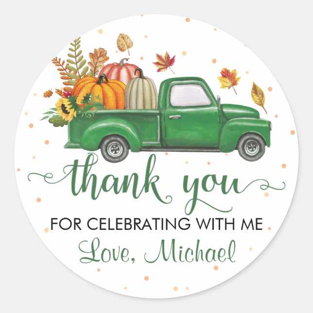 Green Truck Pumpkin Leaves Autumn Party Thank You Classic Round Sticker (Front)