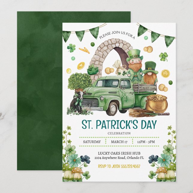 Green Truck St. Patricks Day Leprechaun Gnomes Invitation (Front/Back)