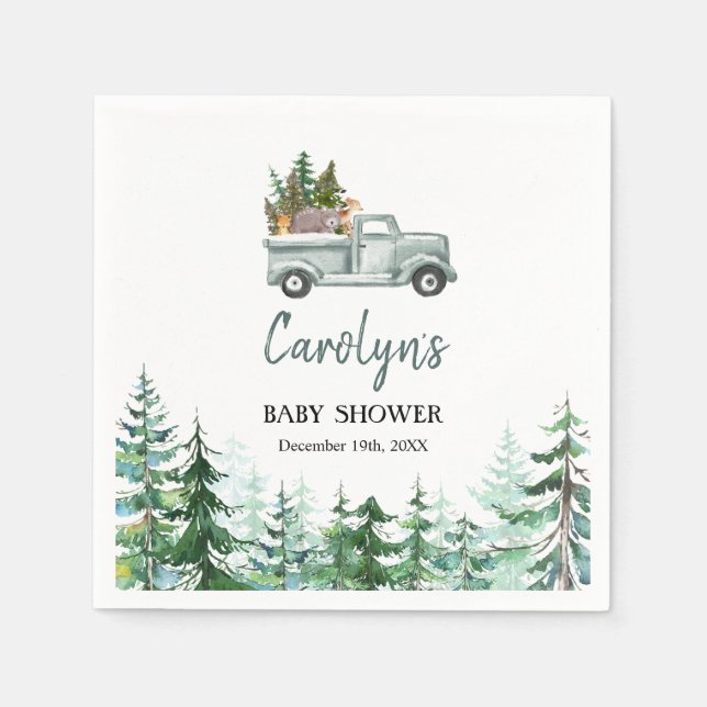 Green Truck Woodland Animals Paper Napkins (Front)