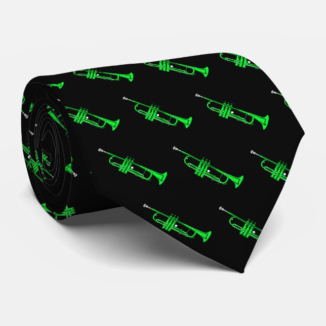 Green Trumpet Pattern on Black Tie (Rolled)