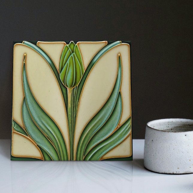 Green Tulip Wall Decor Art Nouveau Art Deco Ceramic Tile (Creator Uploaded)