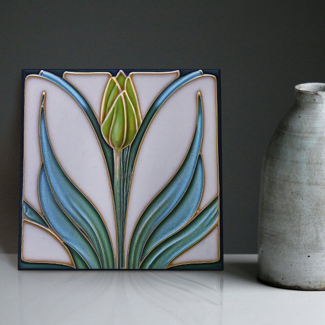 Green Tulip Wall Decor Art Nouveau Art Deco Ceramic Tile (Creator Uploaded)