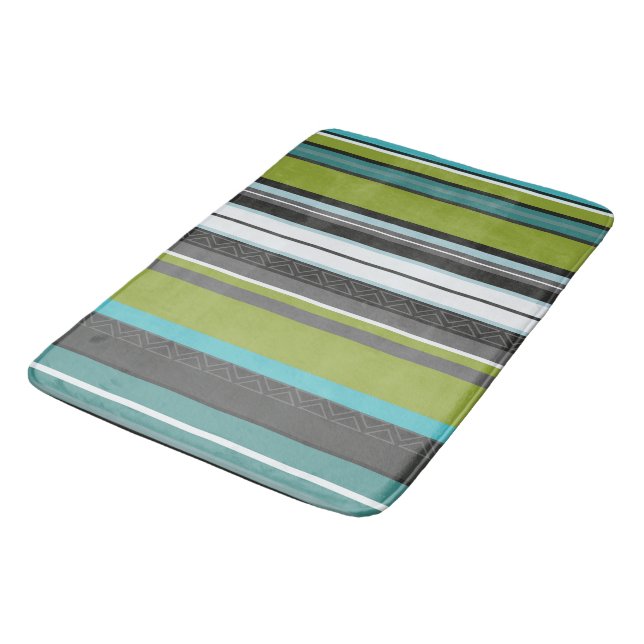 Green, Turquoise and Grey Stripes Bath Mat (Angled)