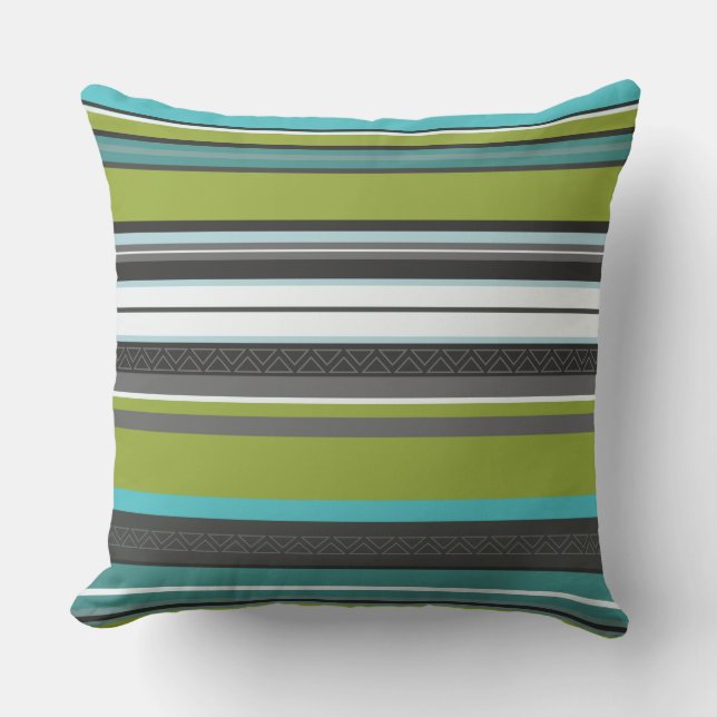 Green, Turquoise and Grey Stripes Cushion (Front)