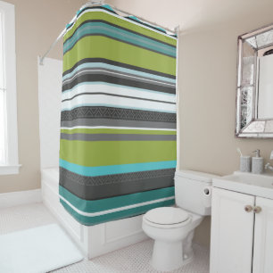 Green, Turquoise and Grey Stripes Shower Curtain