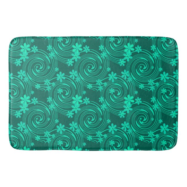 green turquoise bright floral pattern bath mat (Front)