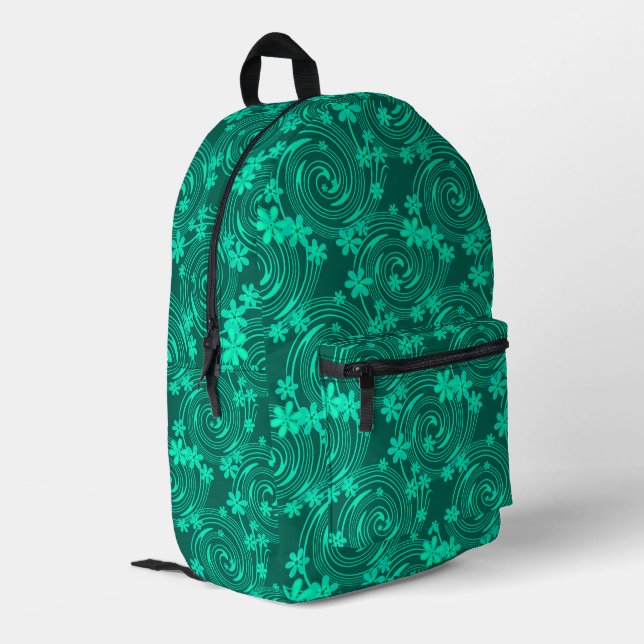 green turquoise bright floral pattern printed backpack (Back Corner Left)