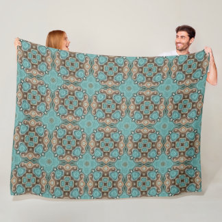 Green Turquoise Brown Hip Bohemian Bali Art Motif Fleece Blanket