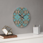 Green Turquoise Brown Hip Bohemian Bali Art Motif Large Clock<br><div class="desc">Beautiful contemporary caramel brown and turquoise blue green mosaic pattern. Decorative motif available on a variety of stylish products and matching home décor accents and accessories. An original design for the interior decorator or those who love decorating their master or children's bedroom, nursery, living or family room, woman cave or...</div>