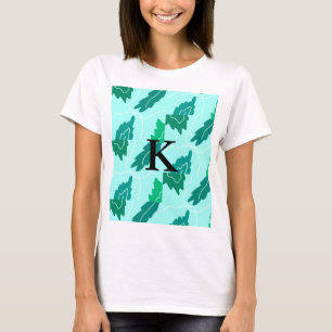 Green turquoise leaves floral pattern add monogram T-Shirt