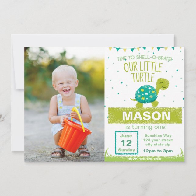 Green Turtle Birthday Invitation with Photo (Front)