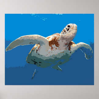 Green Turtle Woodcut Poster