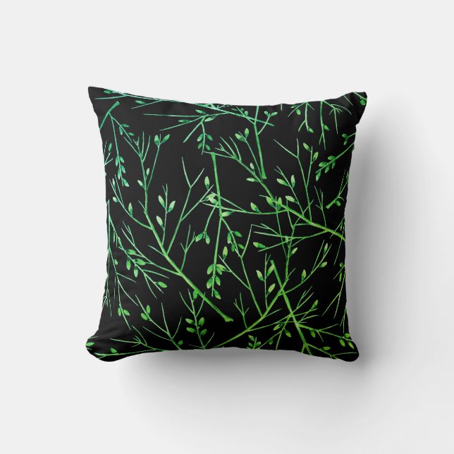 Green Twigs on Black  Cushion (Front)