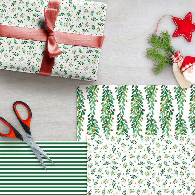 Green Twigs & Red Berries Mixed Christmas Patterns Wrapping Paper Sheet (Creator Uploaded)