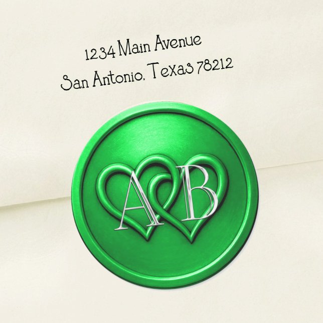 Green Two Hearts Silver Monogram Wedding Classic Round Sticker (Creator Uploaded)