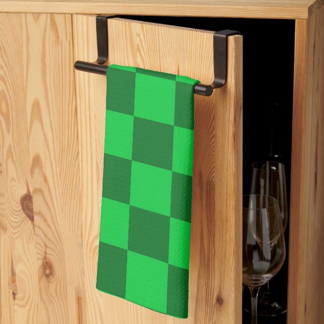 Green Two Toned Chequerboard Pattern Tea Towel (Thirds Fold)