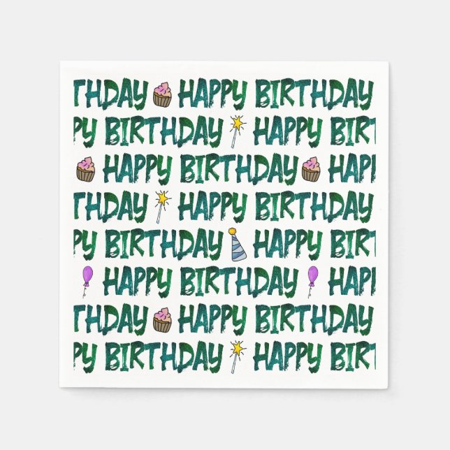Green Typographic Happy Birthday Pattern  Napkin (Front)