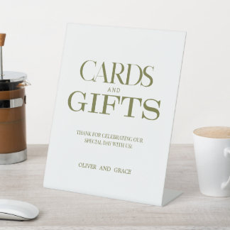 Green typography cards and gifts wedding pedestal sign
