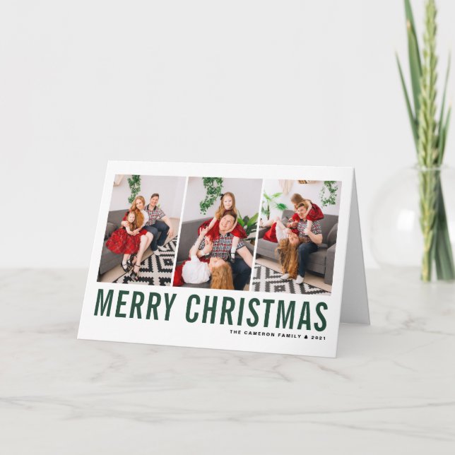Green Typography Merry Christmas Photo Collage Holiday Card (Front)
