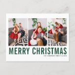 Green Typography Merry Christmas Photo Collage Holiday Postcard<br><div class="desc">Merry Christmas! Customisable Christmas photo collage postcard featuring green and black simple typography. Personalise by adding three photos,  names,  year and other details. This modern Christmas postcard is available in other colours and cardstock.</div>