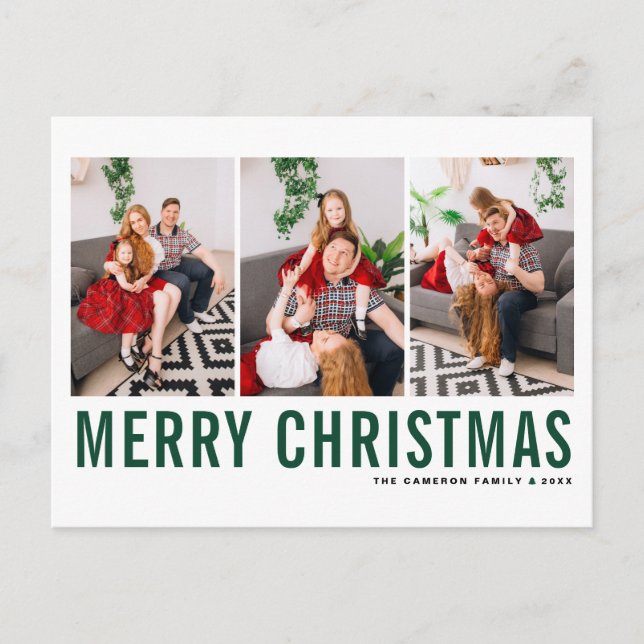 Green Typography Merry Christmas Photo Collage Postcard (Front)