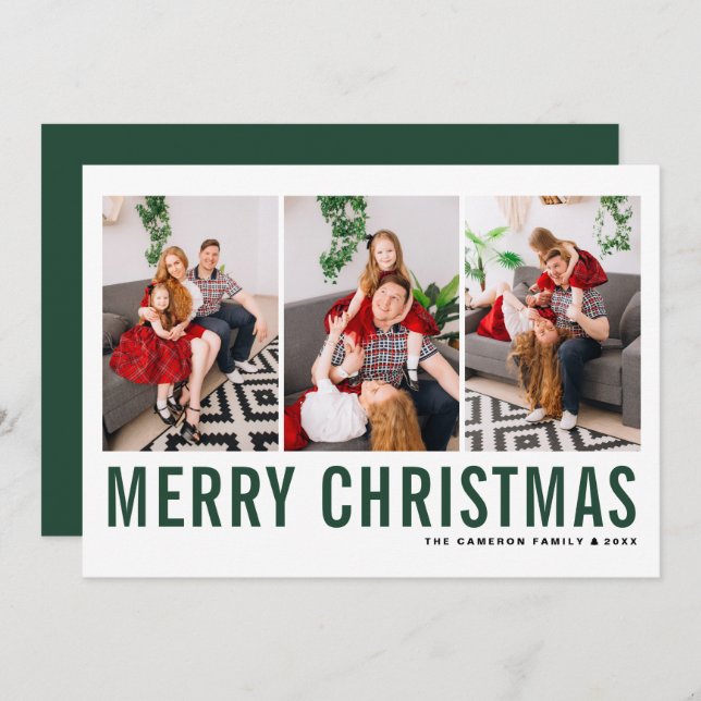 Green Typography Photo Collage Merry Christmas Holiday Card (Front/Back)