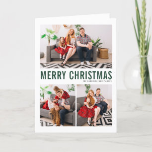 Green Typography Three Photo Merry Christmas Card