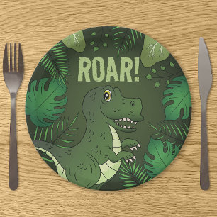 Green Tyrannosaurus Rex T-rex Tropical Birthday Paper Plate