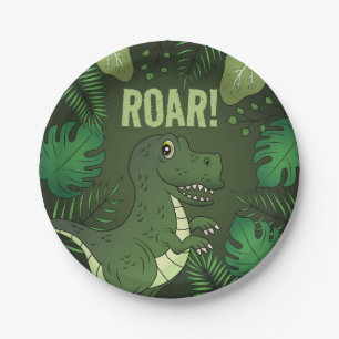 Green Tyrannosaurus Rex T-rex Tropical Birthday Paper Plate