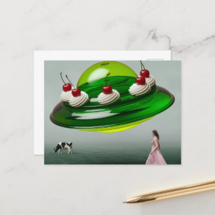 Green UFO Surreal Sweet Treat over a dairy pasture Postcard