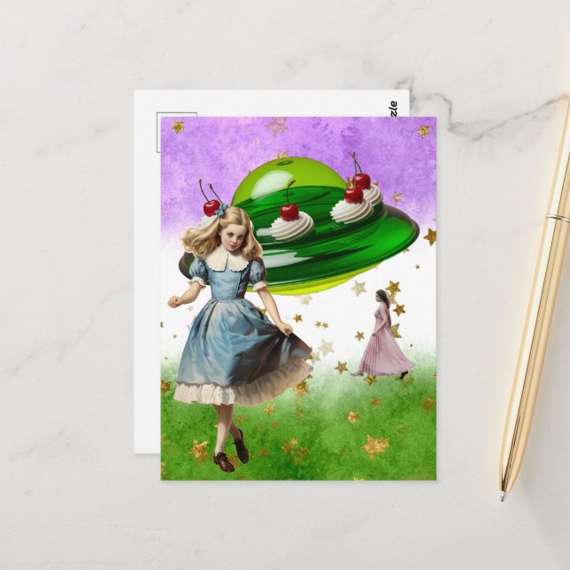Green UFO Surreal Sweet Treat Postcard (Front/Back In Situ)