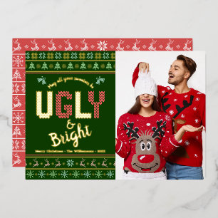 Green Ugly Sweater Christmas Photo Tacky Real Gold Foil Holiday Card