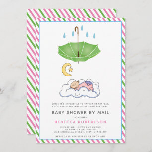 Green umbrella, sleeping baby girl shower by mail invitation