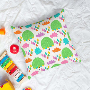 Green Umbrellas with Clouds and Raindrops Cushion