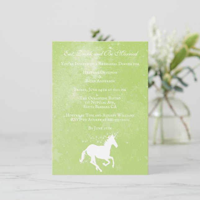 Green Unicorn Wedding Rehearsal Dinner Invite (Standing Front)