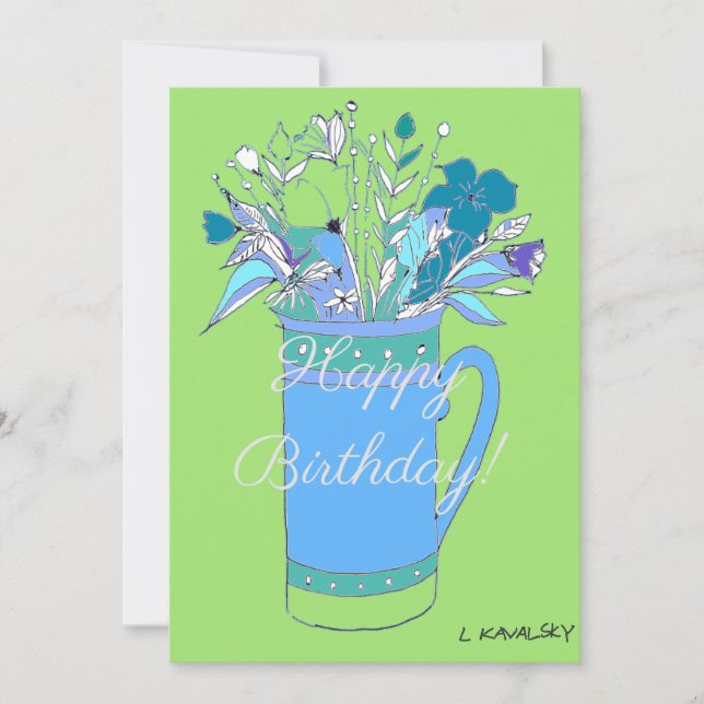 Green V2 Colourful Happy Birthday Flowers In Mug  Holiday Card (Front)