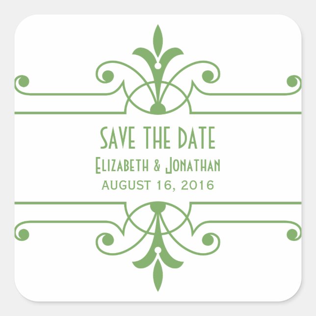 Green v2 Fancy Ornamental Save the Date Stickers (Front)