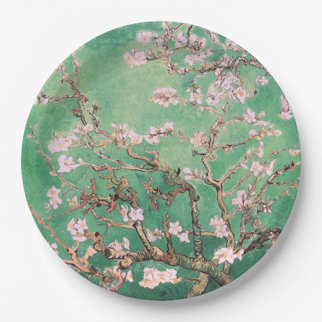 Green Van Gogh Almond Blossoms Paper Plate (Front)