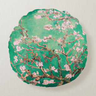 Green Van Gogh Almond Blossoms Round Cushion