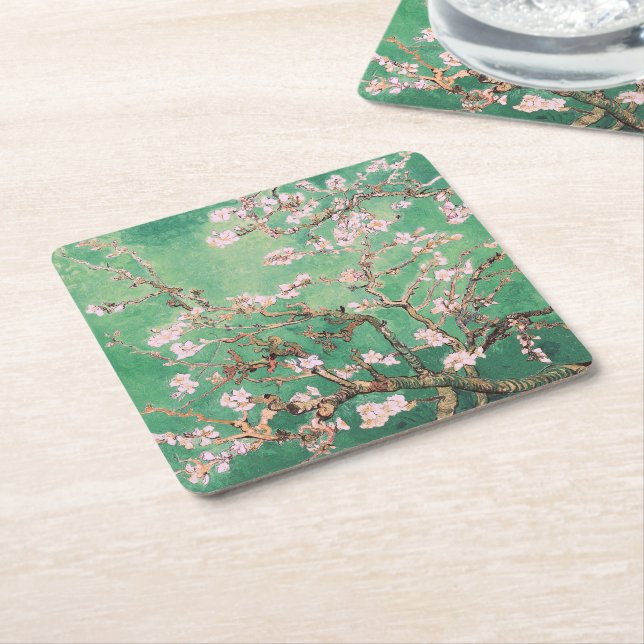 Green Van Gogh Almond Blossoms Square Paper Coaster (Angled)