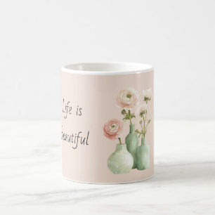 Green Vase Pink Ranunculus Flowers Coffee Mug