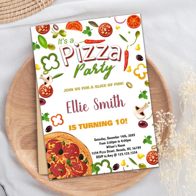 Green Vegetable  Red Pizza Birthday Invitations (Green Vegetable Red Pizza Birthday Invitations)
