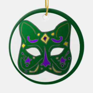 Green Venetian Cat Mask Design Ceramic Ornament