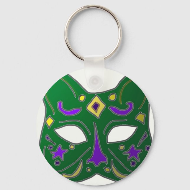 Green Venetian Cat Mask Design Key Ring (Front)