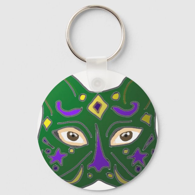 Green Venetian Cat Mask Design Key Ring (Front)