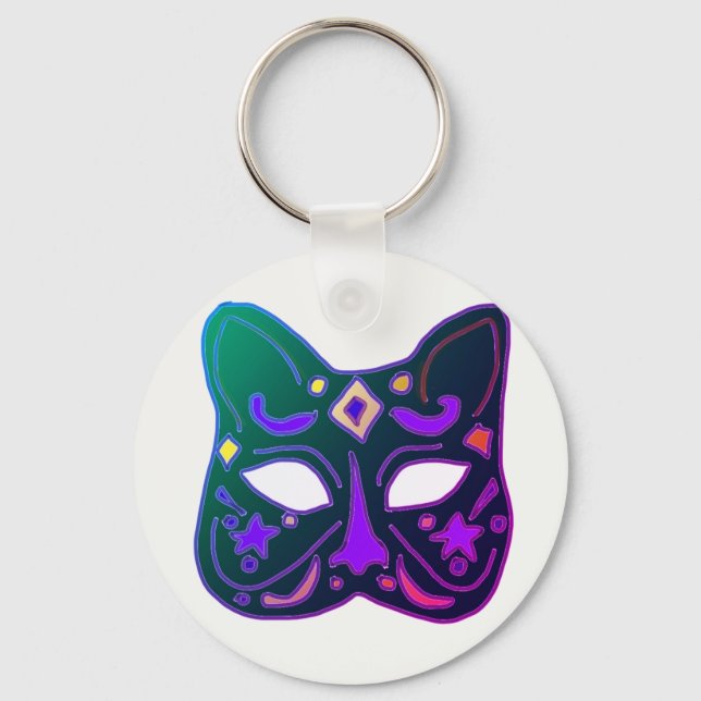 Green Venetian Cat Mask Design Key Ring (Front)