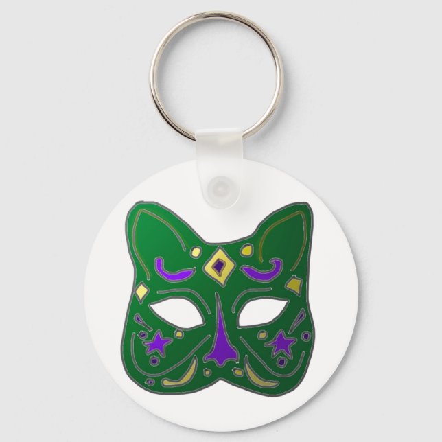 Green Venetian Cat Mask Design Key Ring (Front)