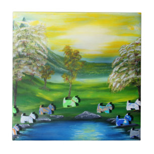 Green Venus Scotties at the Pond Ceramic Tile
