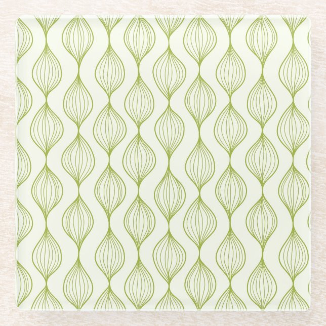 Green vertical ogee pattern background glass coaster (Front)